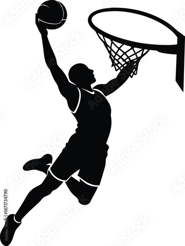 Basketball player performing a slam dunk against a plain white background.