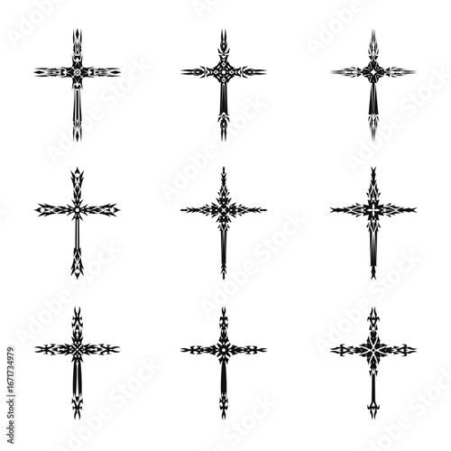 Christian cross vector icon symbols.  Abstract christian religious belief or faith art illustration for orthodox or catholic design. The symbol of the cross in various designs used in tattoo.	