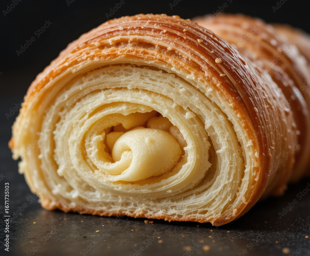 Fototapeta premium Exquisite close-up of a golden-baked laminated pastry roll, revealing a luscious creamy filling and delicate flaky layers, a perfect sweet treat