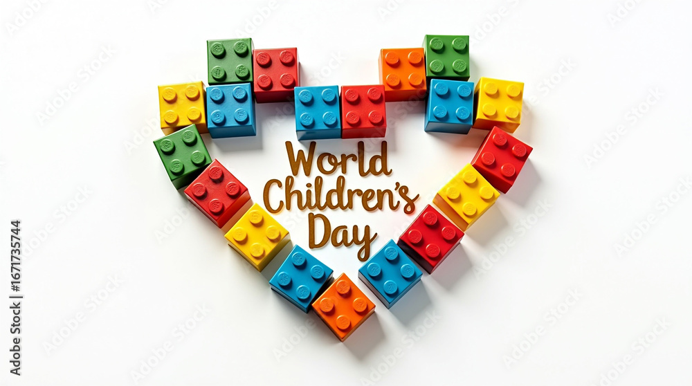 Obraz premium Colorful toy blocks arranged in a heart shape with world childrens day text isolated on white background, representing love, education, and celebration of childhood