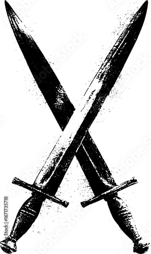 Grunge black and white illustration of crossed swords for design and decor