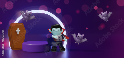 3D Halloween banner featuring a cute vampire character standing on a purple podium, surrounded by flying bats and a wooden coffin. For festive invitations, seasonal promotions, spooky-themed designs.