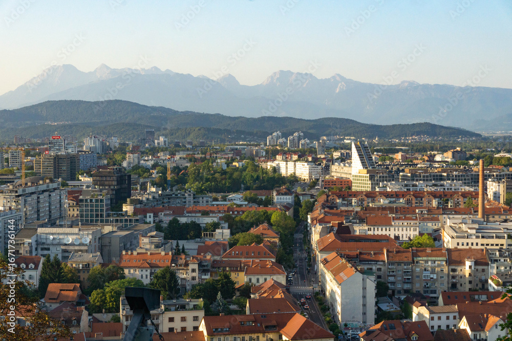 Fototapeta premium Panoramic View of Ljubljana at Sunset Seen from Castle Hill Overlooking the City