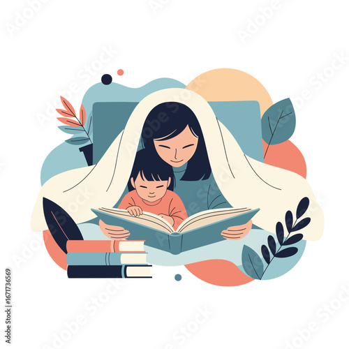 A mother and child enjoying a storybook together under a cozy blanket