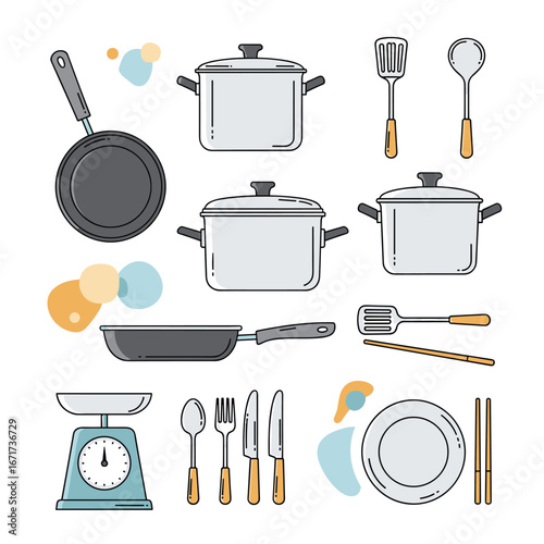 Collection of kitchenware tools pots pans utensils and cooking equipment