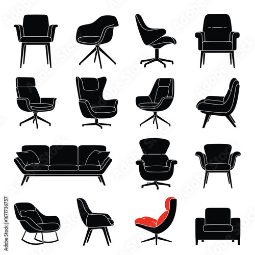 A collection of modern furniture designs featuring chairs and sofas