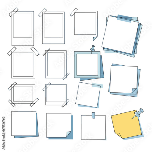Collection of blank paper notes border designs and frames with tape and pins