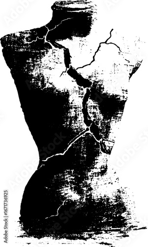 Grunge black and white decayed statue silhouette for art design