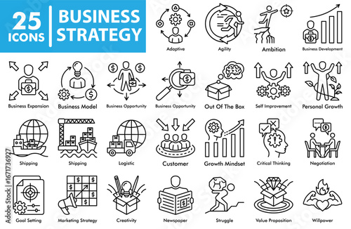 Business strategy line icon set featuring business model, expansion, opportunity, ambition, negotiation, marketing strategy, goal setting, personal growth, and leadership symbols.