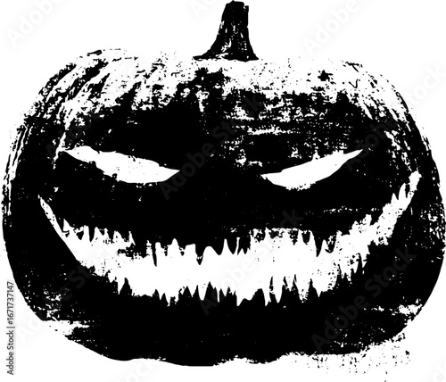 Grunge black and white illustration of demonic pumpkin face for halloween decorations