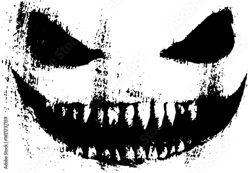 Grunge black and white demonic face illustration for spooky designs and halloween themes