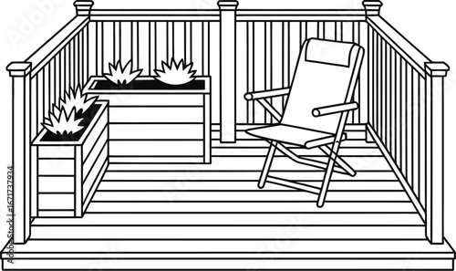 Outdoor deck design ideas with chair and planters illustration