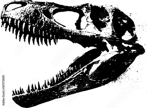 Fossilized dinosaur skull grunge art in black and white for vintage design
