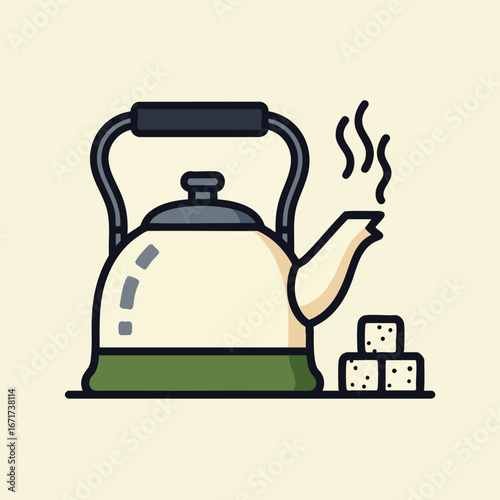 Detailed illustration of a tea kettle with steam and sugar cubes.