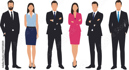 Group of business professionals in formal attire, corporate office clothing illustration, confident male and female executives standing together, teamwork concept, isolated on white background