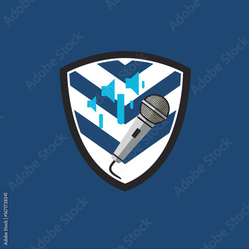 Shield with microphone representing audio recording and sound protection.