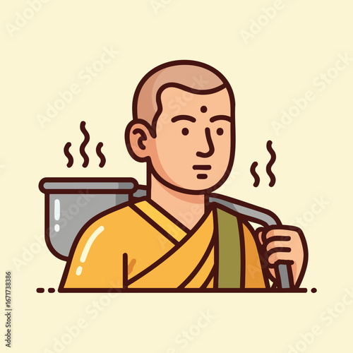 Buddhist Monk Carrying a Pot on His Shoulder.