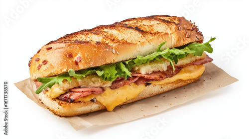 Delicious sandwich with grilled bread, ham, cheese, lettuce, and crispy coating, perfect for satisfying meal