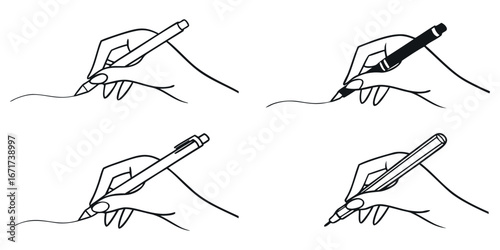 Elegant hand sketching with pen on paper, capturing creativity and precision in four distinct artistic views
