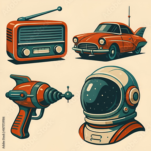 Retro Style Objects with Classic Car, Radio, Ray Gun and Astronaut Helmet
