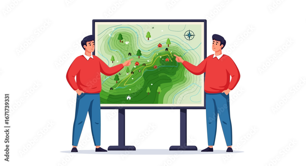 Fototapeta premium Two men in red shirts and blue pants pointing at a topographic map on a stand