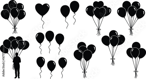 Black silhouette balloons vector, party decoration, floating helium balloons, birthday celebration, heart balloon, person holding balloons, festive design illustration