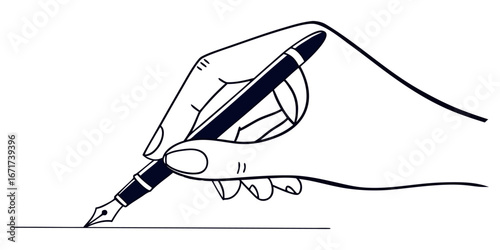 Elegant hand gracefully writes with a classic fountain pen on a clean surface, capturing creativity and precision in motion.
