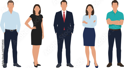 Group of diverse business people standing in different professional poses, flat vector illustration, office workers, corporate attire, business dress code, teamwork concept