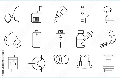 Vape related line icons set. Smoke, e-cigarette, electric, fume, battery, liquid, and so on. Vector editable stroke.