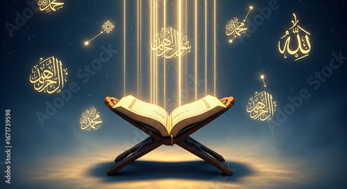 Sacred quran open on a wooden stand with golden arabic calligraphy glowing and rising into the starry night sky