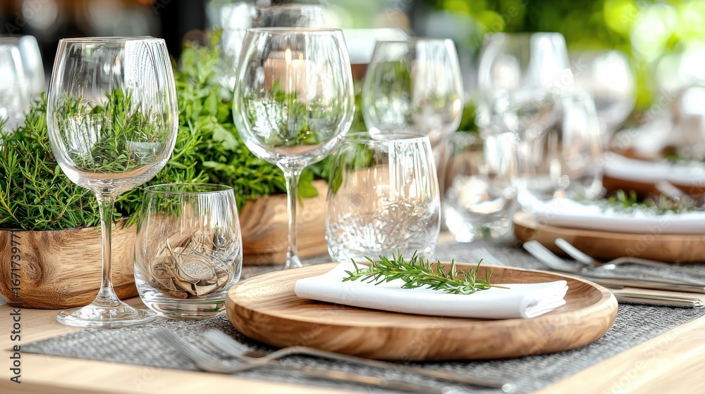 Fototapeta premium Elegant outdoor dining setting, featuring wooden platters, clear glassware, and fresh herbs