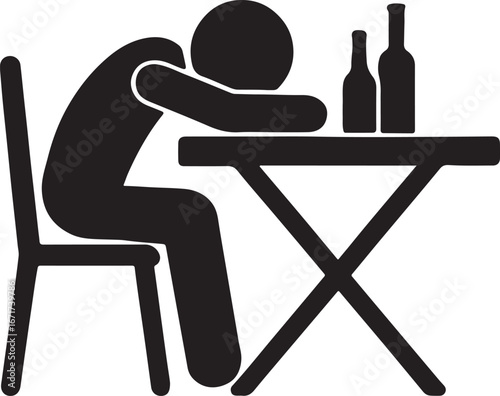 Drunk Man Sleeping Table Alcohol Bottles Silhouette Icon