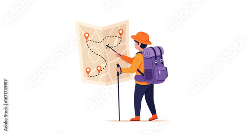 Adventure awaits A hiker with a backpack and trekking pole consults a map with a marked route, ready to explore
