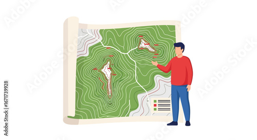 Man pointing at a topographical map with routes and points of interest marked on it