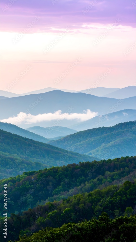 Obraz premium Layered mountain ranges with misty valleys, bathed in soft pastel hues of sunrise and sunset.