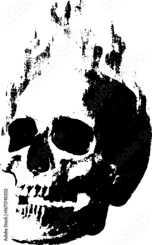 Grunge black and white flaming skull design for urban art and apparel