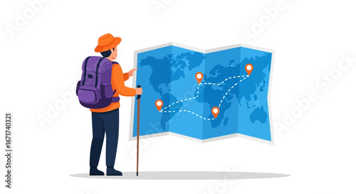 A hiker with a backpack and a walking stick examines a large world map, planning a journey across continents with marked routes
