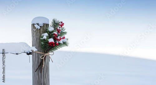 Snowy wooden fence post with festive winter decoration against a vast white landscape.