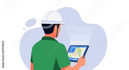 Surveyor with Tablet in Hand, Using GPS Navigation System