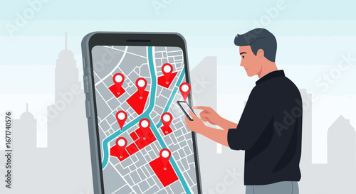 Man using a smartphone to navigate a city map with multiple red location markers, highlighting points of interest for travel or business