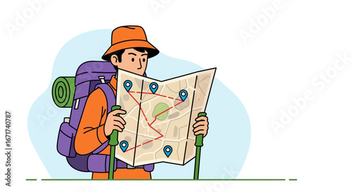 A cartoon adventurer with a backpack and trekking poles studies a trail map for navigation.