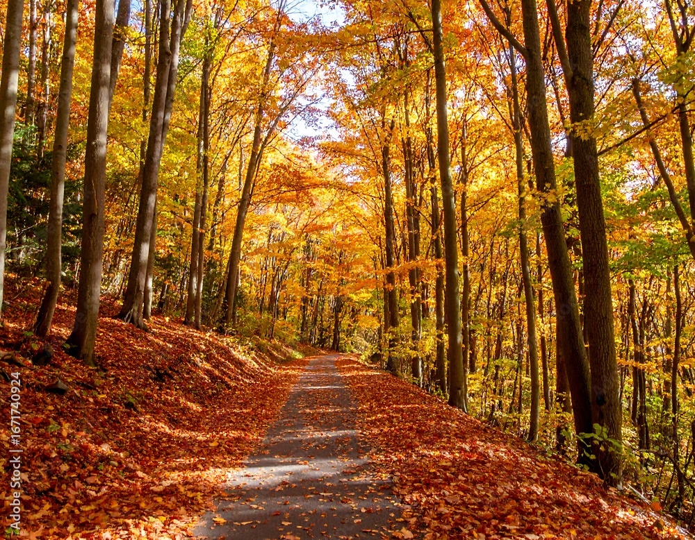 Obraz premium A sun-drenched forest path winds through a vibrant autumn landscape, displaying a carpet of fallen leaves in warm hues of orange and red.