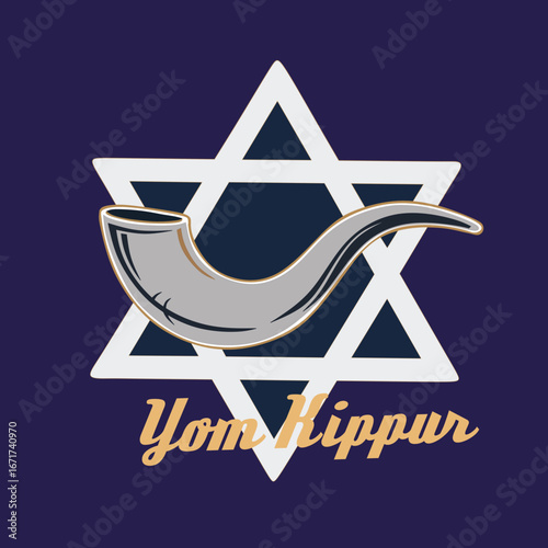 Vibrant Yom Kippur vector art featuring a shofar and Star of David, ideal for Jewish High Holidays designs, greetings, and religious themes.