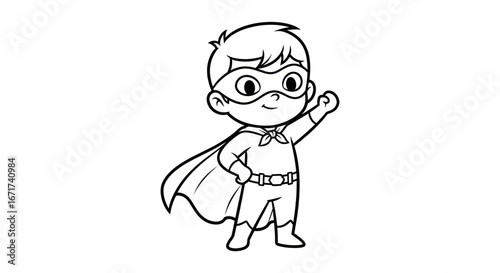 Bold outline illustration of a smiling child superhero with cape and mask posing powerfully