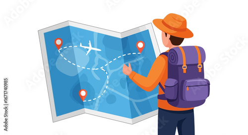 A person wearing a hat and backpack, intently studying a large map with marked travel routes and an airplane icon, symbolizing journey planning and adventure.