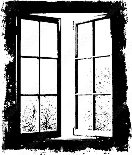 Grunge black and white open window illustration for urban vintage design