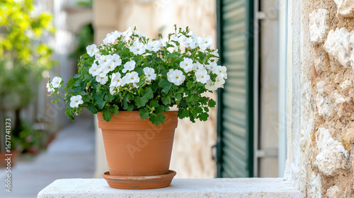 Lush white geraniums in terracotta pot, brightening charming stone wall in serene outdoor setting