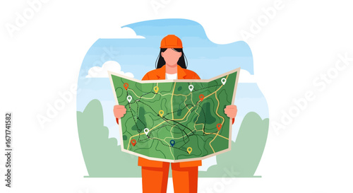 A female adventurer holds a detailed map, meticulously planning her journey. She marks key locations, navigates routes, and charts a course for an exciting outdoor exploration