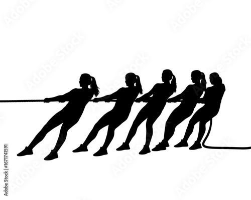 Silhouette of a Diverse Group of Women Participating in a Competitive Tug of War Team Sport, Showcasing Strength, Teamwork, and Athleticism in an Outdoor Fitness Challenge
