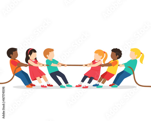 A diverse group of happy children playing a tug-of-war game, kids pulling a rope in two teams